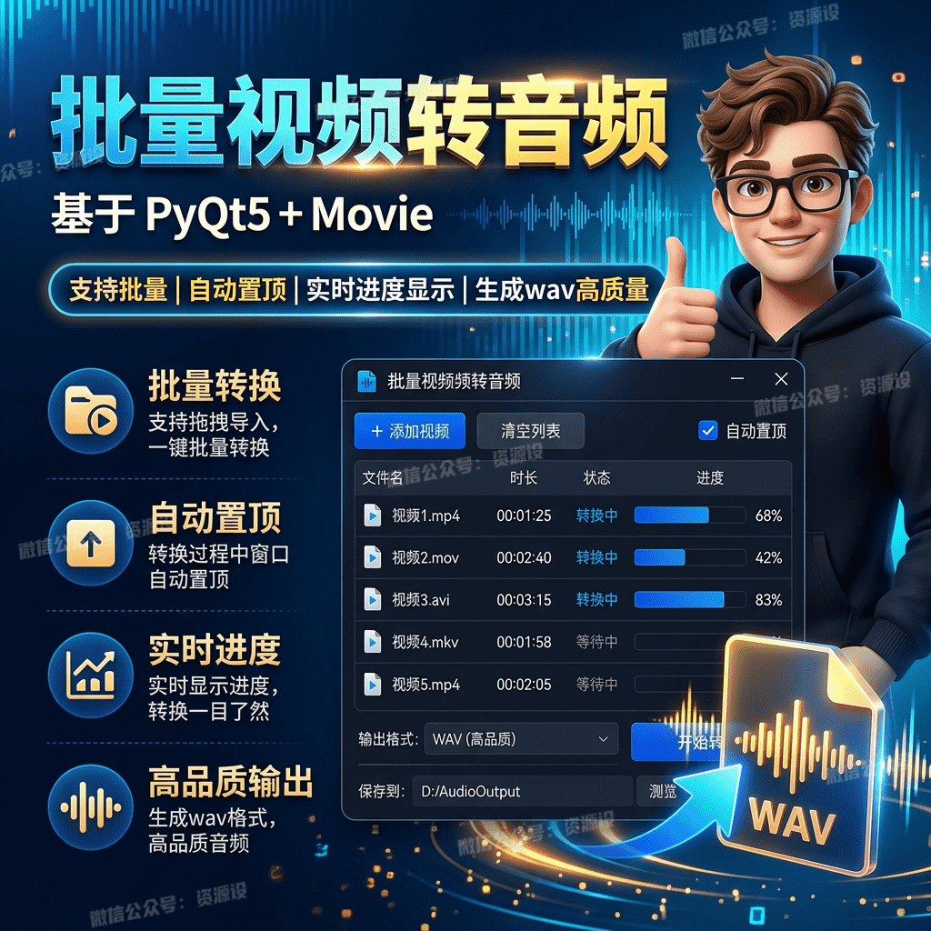 批量视频转音频支持批量MP4转MP3工具自动置顶实时进度显示生成wav高品质【3808期】